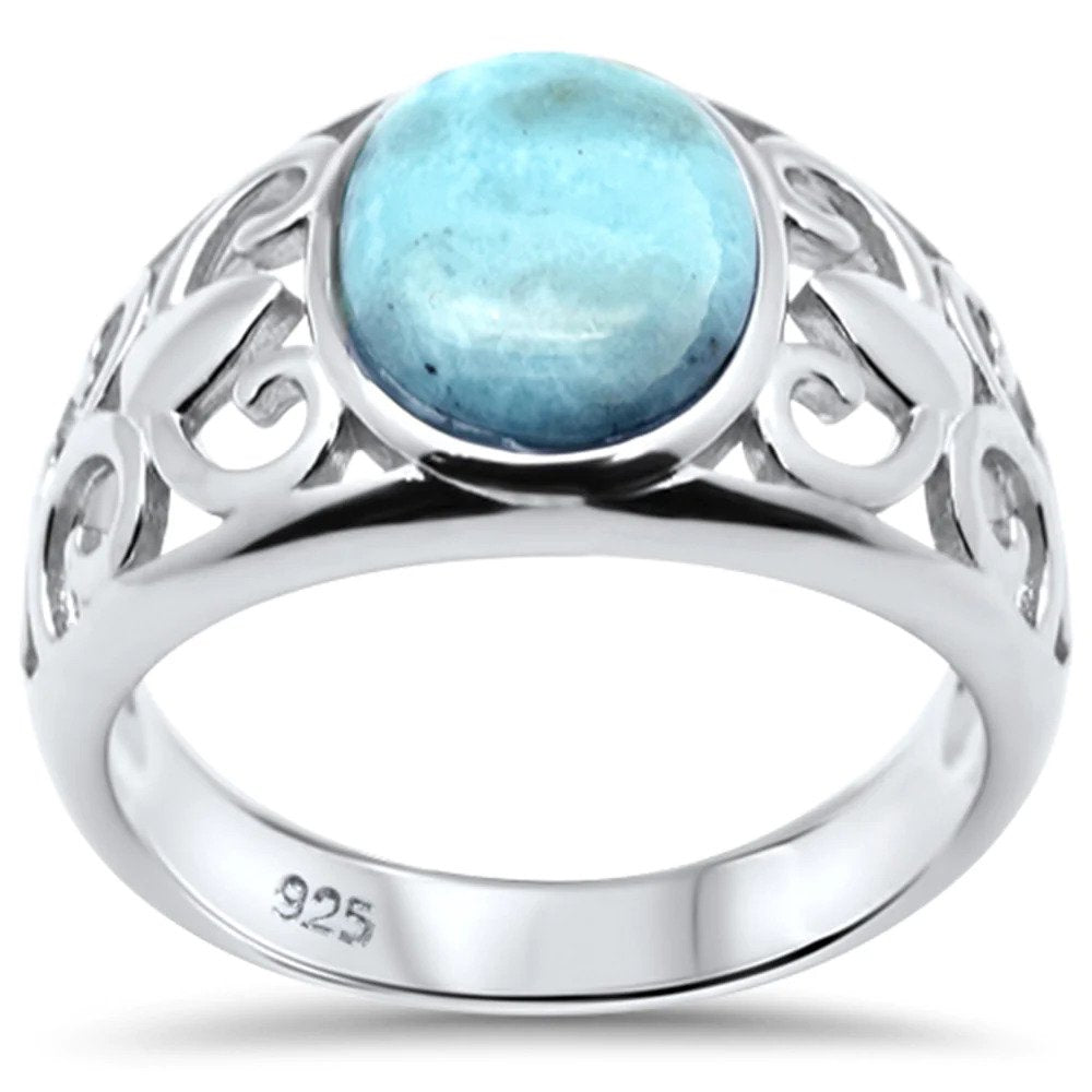 Sterling Silver Natural Oval Larimar Filigree Ring