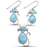 Sterling Silver Natural Larimar Cat Design Earring and Pendant Set