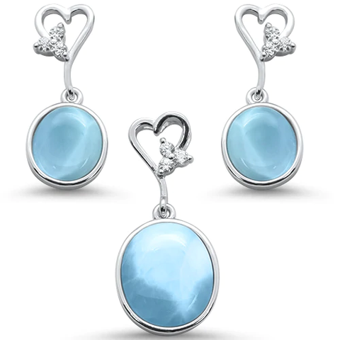 Sterling Silver Oval Natural Larimar and Cz with Heart Shape Dangle Earring and Pendant Set