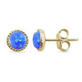 Sterling Silver Yellow Gold Plated Round Braided Milgrain Blue Opal Stud Earrings