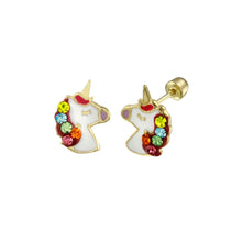 Load image into Gallery viewer, 14K Yellow Gold White Enamel Unicorn CZ Earrings