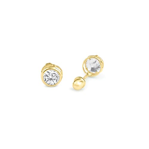 OroTrue 14K Yellow Gold Round Bezel Clear CZ Screw Back Stud Earrings