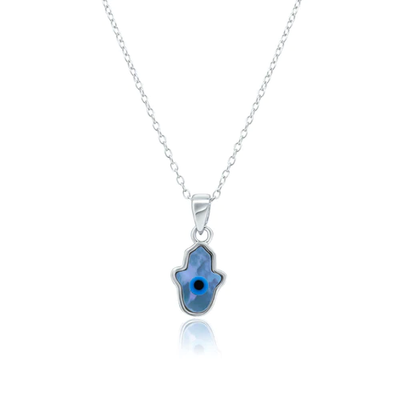 Sterling Silver Rhodium Plated Hamsa Evil Eye Mother Of Pearl Necklace