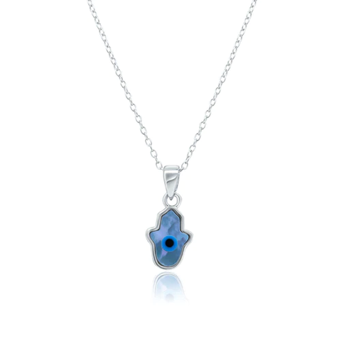 Sterling Silver Rhodium Plated Hamsa Evil Eye Mother Of Pearl Necklace