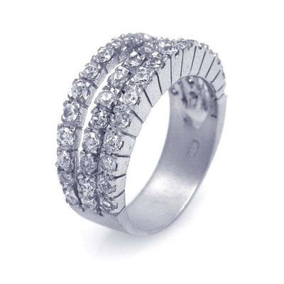Sterling Silver Nickel Free Rhodium Plated Three Row Shaped Ladies RingAnd Width 2mm