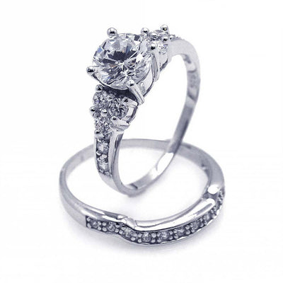 Sterling Silver Rhodium Plated Clear Pave CZ Engagement Ring Set