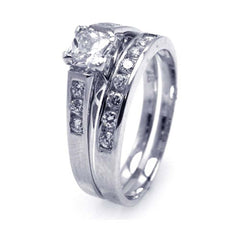 Sterling Silver Rhodium Plated CZ Bridal Engagement Ring Set