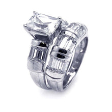 Load image into Gallery viewer, Sterling Silver Rhodium Plated Clear Rectangular Center Baguette CZ Engagement Ring Set