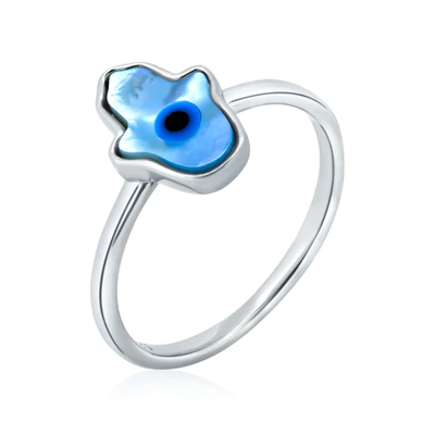 Sterling Silver Rhodium Plated Hamsa Evil Eye Mother Of Pearl Ring
