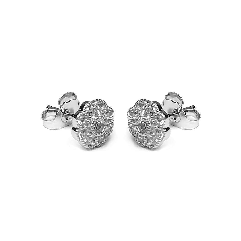 Sterling Silver Rhodium Plated Micro Pave Sun Shaped  Stud Post Earring With CZ Stones