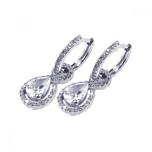 Load image into Gallery viewer, Sterling Silver Elegant Solitaire Pearshaped Cut Clear Cz with Paved Halo Setting Paved Dangle U-Leverback Earring