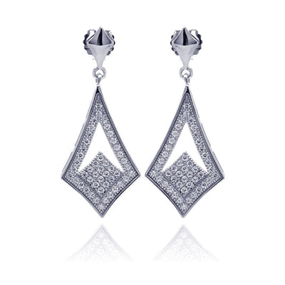 Sterling Silver Rhodium Plated Micro Pave Open Sharp Marqui Dangling Shaped Stud Earring With CZ Stones