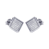 Sterling Silver Rhodium Plated Micro Pave Clear Square Shaped Stud Earring With CZ Stones