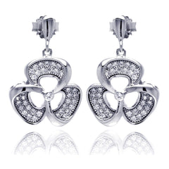 Sterling Silver Rhodium Plated Micro Pave Flower Dangling Shaped Stud Earring With CZ Stones