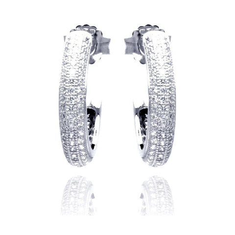 Sterling Silver Rhodium Plated Micro Pave Clear Round Hoop Earring With CZ Stones