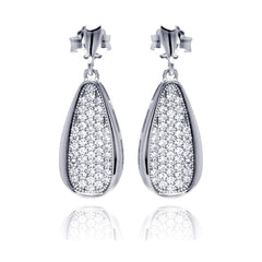 Sterling Silver Rhodium Plated Micro Pave Clear Teardrop Dangling Shaped Stud Earring With CZ Stones