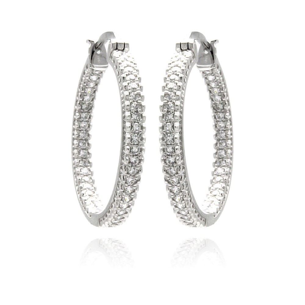 Sterling Silver Rhodium Plated Micro Pave Shape Hoop Earrings With CZ Stones