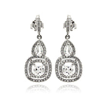 Load image into Gallery viewer, Sterling Silver Rhodium Plated Micro Pave Clear Teardrop Square Dangling Shaped Stud Earring With CZ Stones
