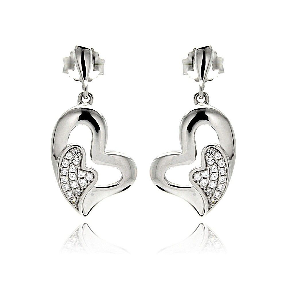 Sterling Silver Rhodium Plated Micro Pave Heart Inlay Dangling Earrings With CZ Stones