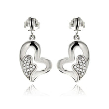Load image into Gallery viewer, Sterling Silver Rhodium Plated Micro Pave Heart Inlay Dangling Earrings With CZ Stones