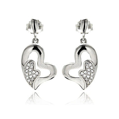 Sterling Silver Rhodium Plated Micro Pave Heart Inlay Dangling Earrings With CZ Stones