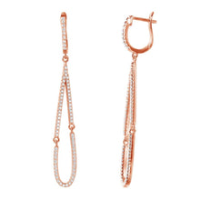 Load image into Gallery viewer, Sterling Silver Rose Gold Plated Dangling Open Tear Drop Shaped Huggie Earrings With CZ Stones