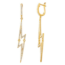 Load image into Gallery viewer, Sterling Silver Nickel Free Gold Plated Dangling Lightning Huggie Earrings With CZ Stones