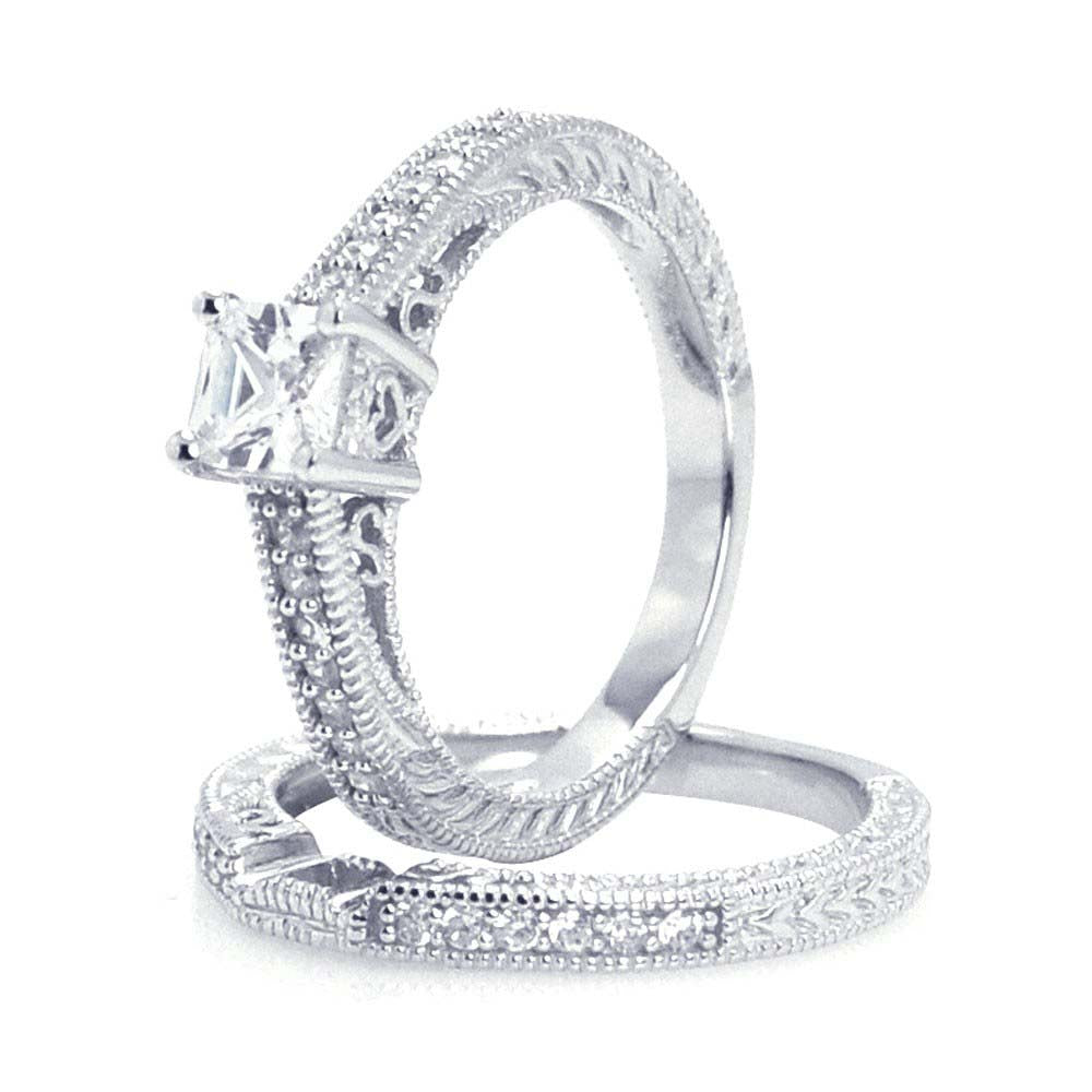 Sterling Silver Rhodium Plated Pave Princess Cut Center CZ Engagement Ring Set