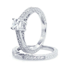 Sterling Silver Rhodium Plated Pave Princess Cut Center CZ Engagement Ring Set