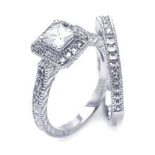 Load image into Gallery viewer, Sterling Silver Rhodium Plated Pave Clear Square Cluster CZ Engagement Ring Set