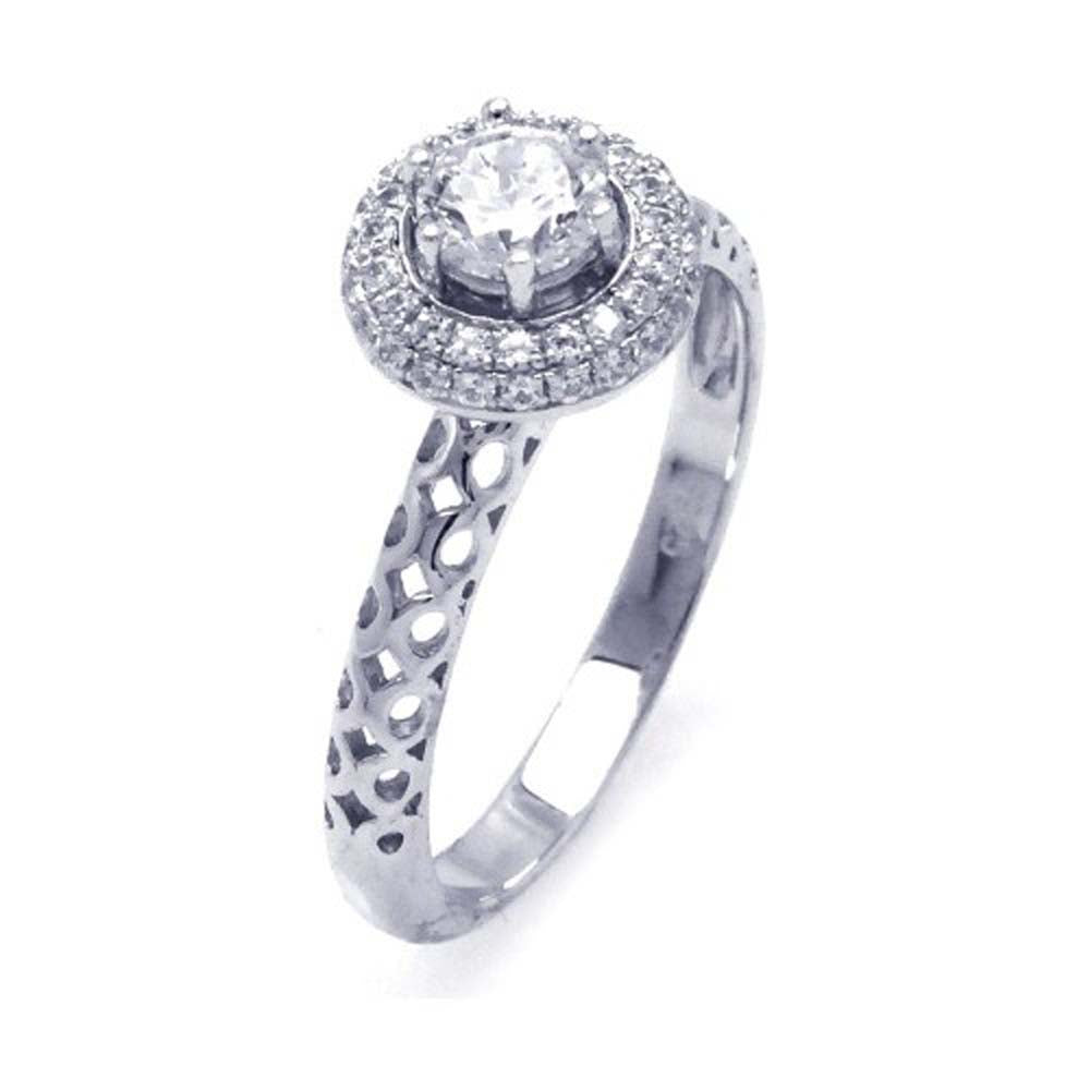 Sterling Silver Rhodium Plated Micro Pave Clear Cluster Round Center CZ Perforated Ring