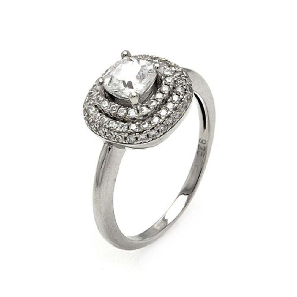 Sterling Silver Rhodium Plated Micro Pave Clear Center CZ Multi Layer Square Ring