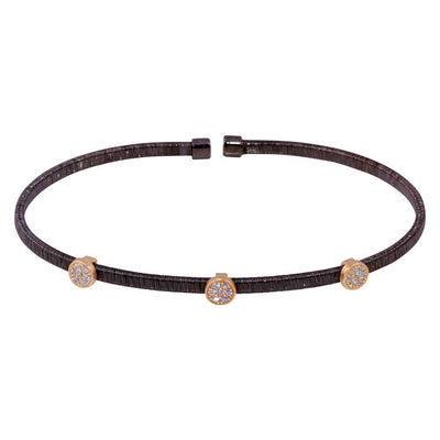 Sterling Silver Black Rhodium Plated Three Rose Gold Circle Open Bangle with CZ