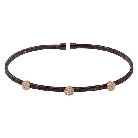 Sterling Silver Black Rhodium Plated Three Rose Gold Circle Open Bangle with CZ