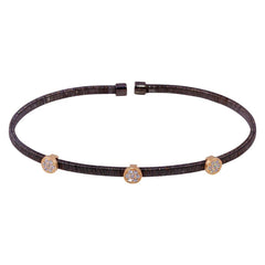 Sterling Silver Black Rhodium Plated Three Rose Gold Circle Open Bangle with CZ