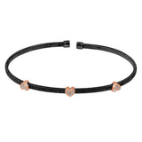 Sterling Silver Black Rhodium Plated Three Rose Gold Heart Open Bangle with CZ