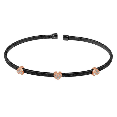 Sterling Silver Black Rhodium Plated Three Rose Gold Heart Open Bangle with CZ
