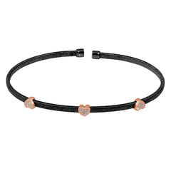 Sterling Silver Black Rhodium Plated Three Rose Gold Heart Open Bangle with CZ