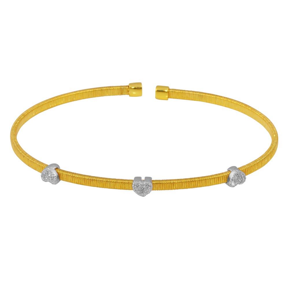 Sterling Silver Gold Plated Three Heart Open Bangle with CZ