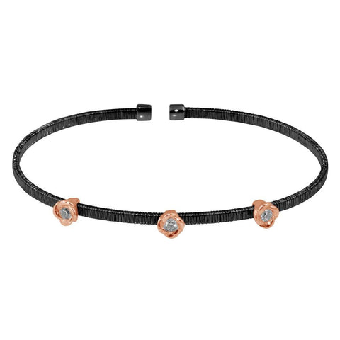 Sterling Silver Black Rhodium Plated Three Rose Gold Rose Cuffs with CZ