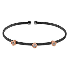 Sterling Silver Black Rhodium Plated Three Rose Gold Rose Cuffs with CZ