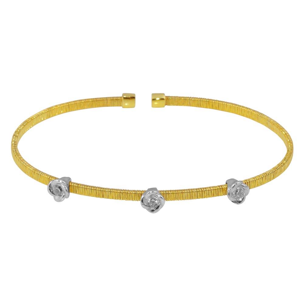 Sterling Silver Gold Plated Three Rose Cuffs with CZ