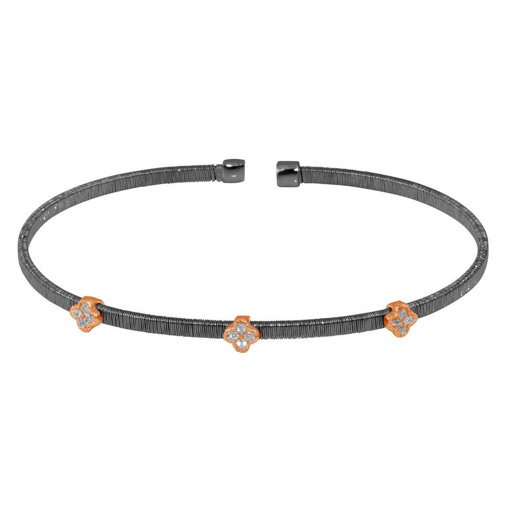 Sterling Silver Black Rhodium Plated Three Clover Rose Gold Plated Bangle With CZ