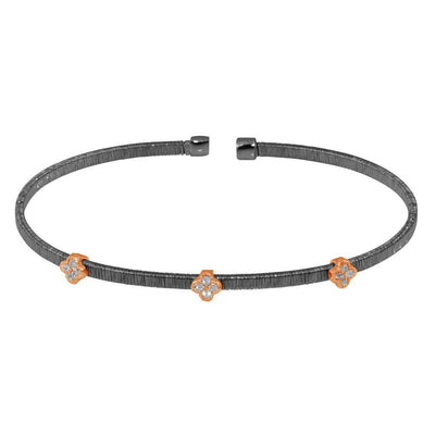 Sterling Silver Black Rhodium Plated Three Clover Rose Gold Plated Bangle With CZ