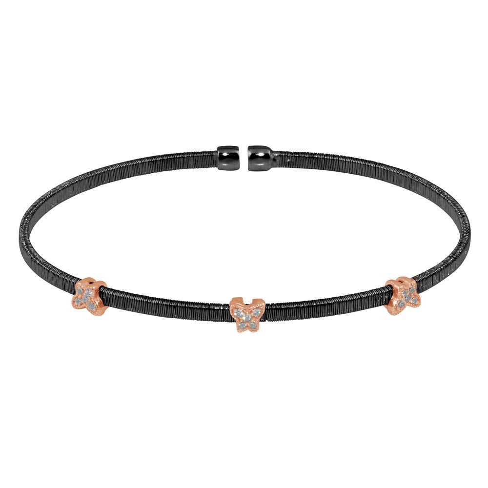 Sterling Silver Black Rhodium Plated Three Butterfly Open Bangle with CZ