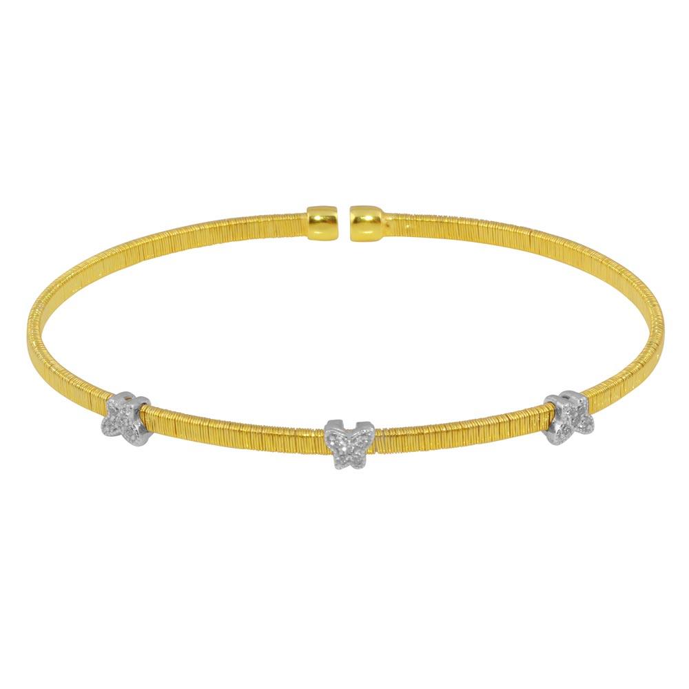 Sterling Silver Gold Plated Three Butterfly Open Bangle with CZ