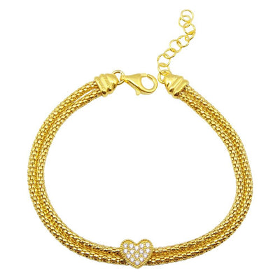 Sterling Silver Gold Plated Heart and Double Chain Bracelet with CZ