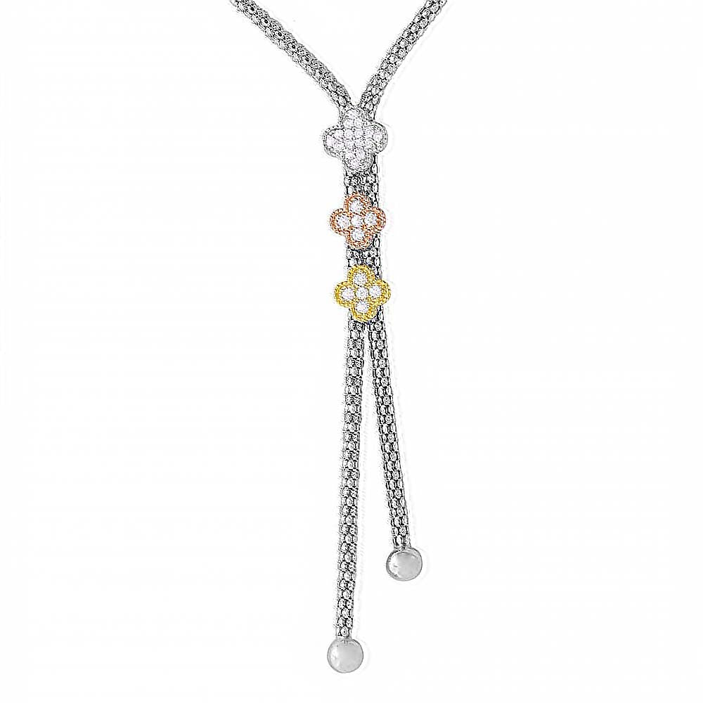 Sterling Silver Rhodium Plated Italian Drop Chain With 3 Toned Flowers.925 Necklace