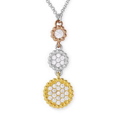 Sterling Silver Rhodium Plated Graduated 3 Toned Circle Drop Necklace