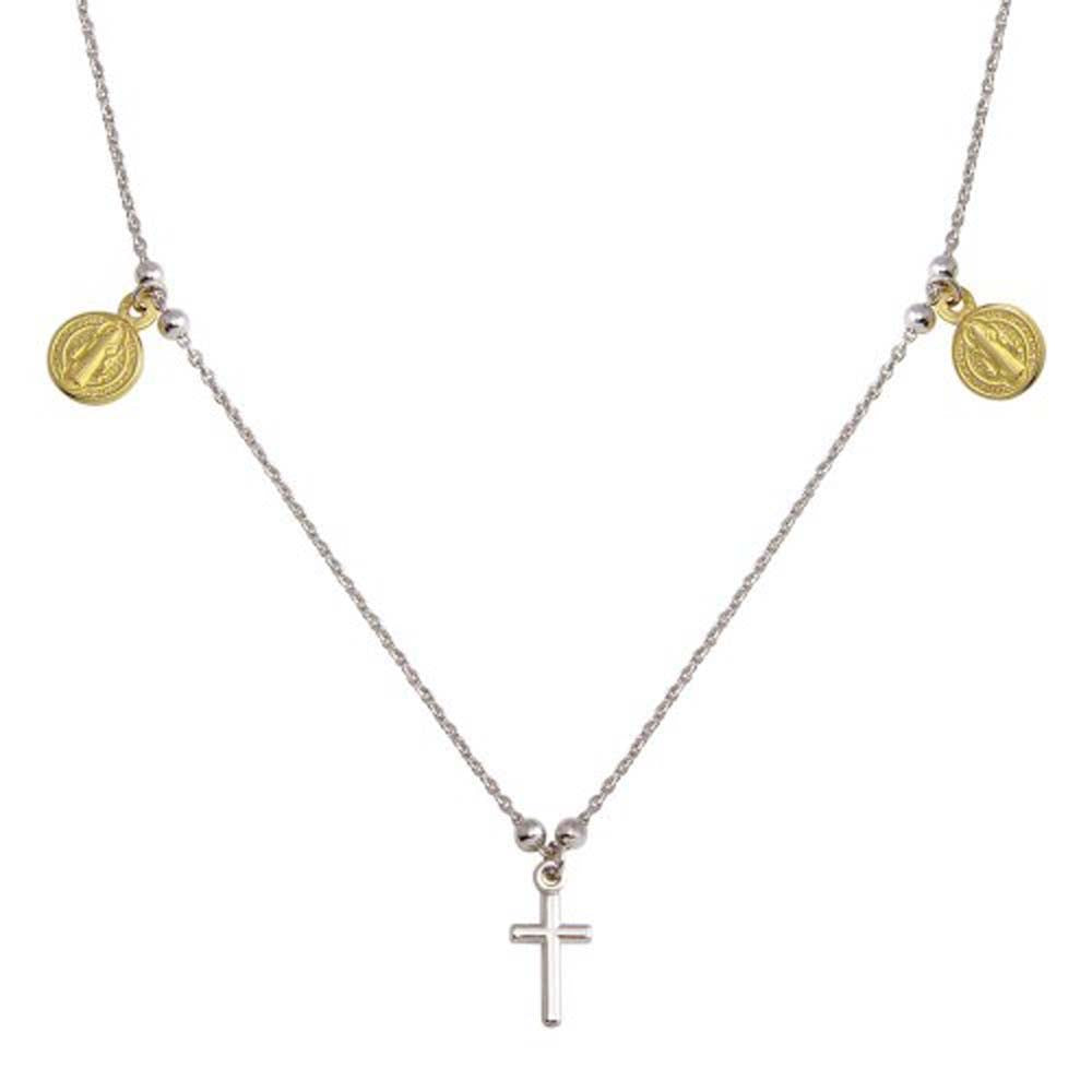 Sterling Silver 2 Toned Rhodium Gold Plated Cross With Religious Charms Necklace